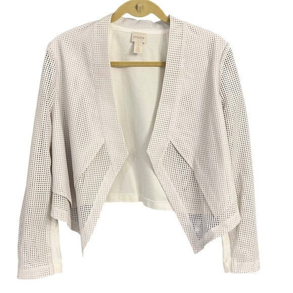 Chicos Medium (Sz 1) White Perforated Faux Leather Open Front Moto Jacket - Picture 3 of 4